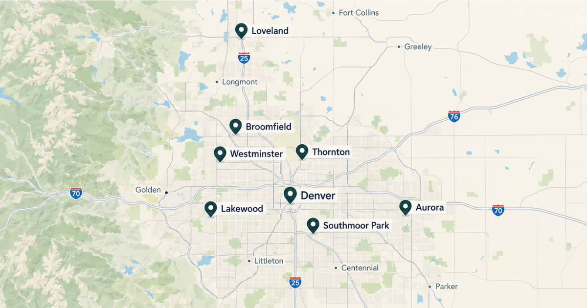 Map of the Metro Denver area marking communities including Denver, Loveland, Broomfield, Westminster, Thornton, Lakewood, Aurora, and Southmoor Park